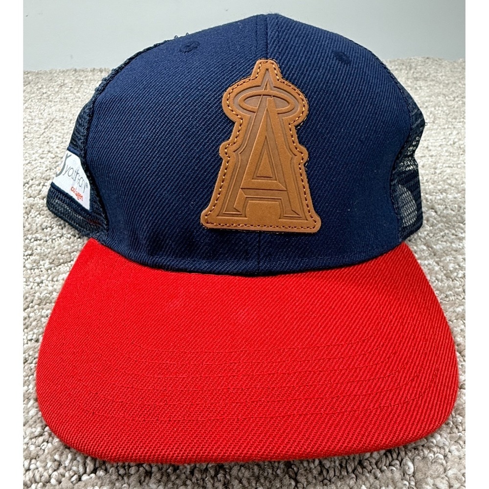 Los Angeles Angels Trucker Hat Snapback Navy Red Mesh Cap Leather Patch Youth Th